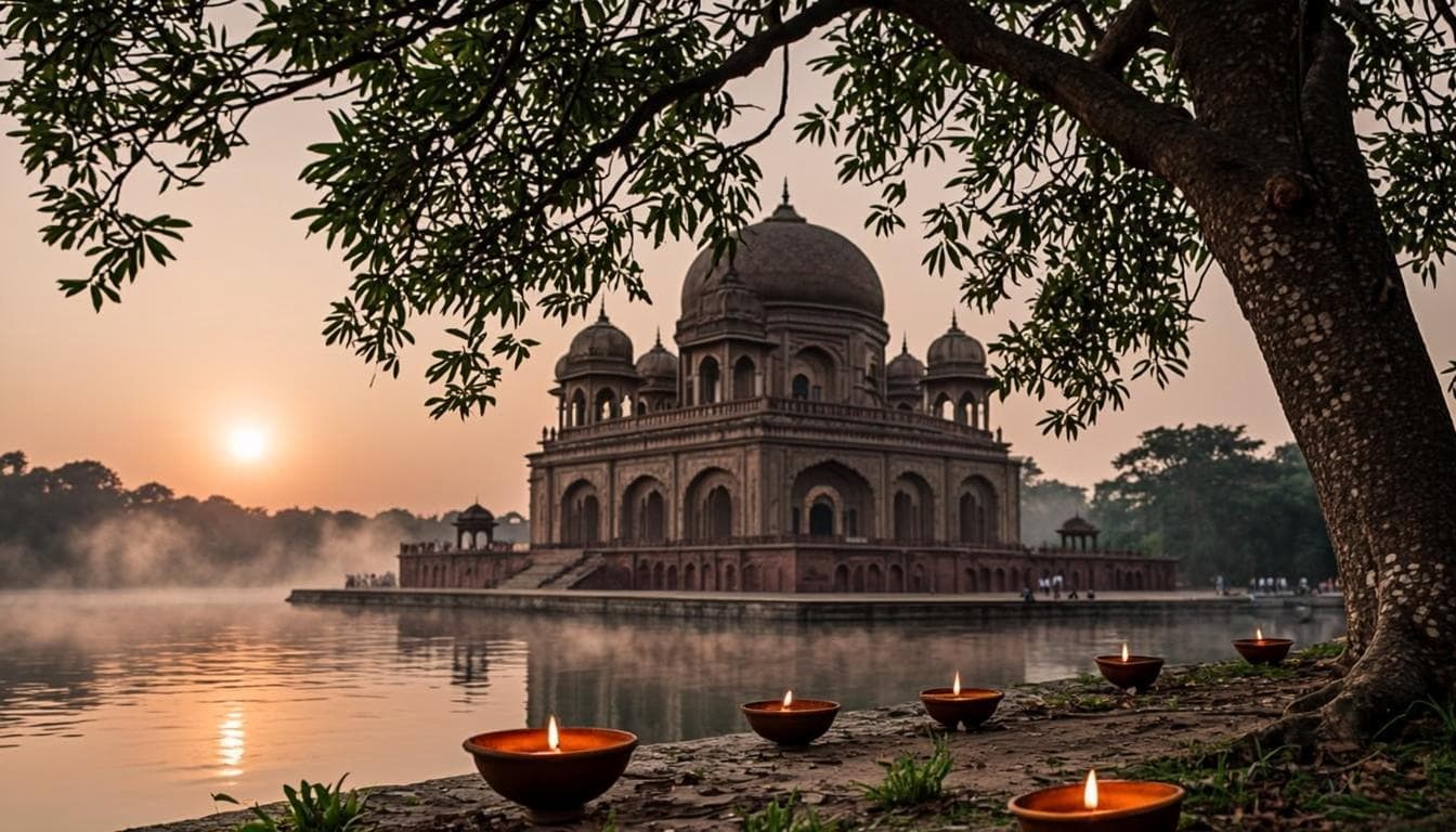 Vrindavan at golden dawn with temple silhouettes